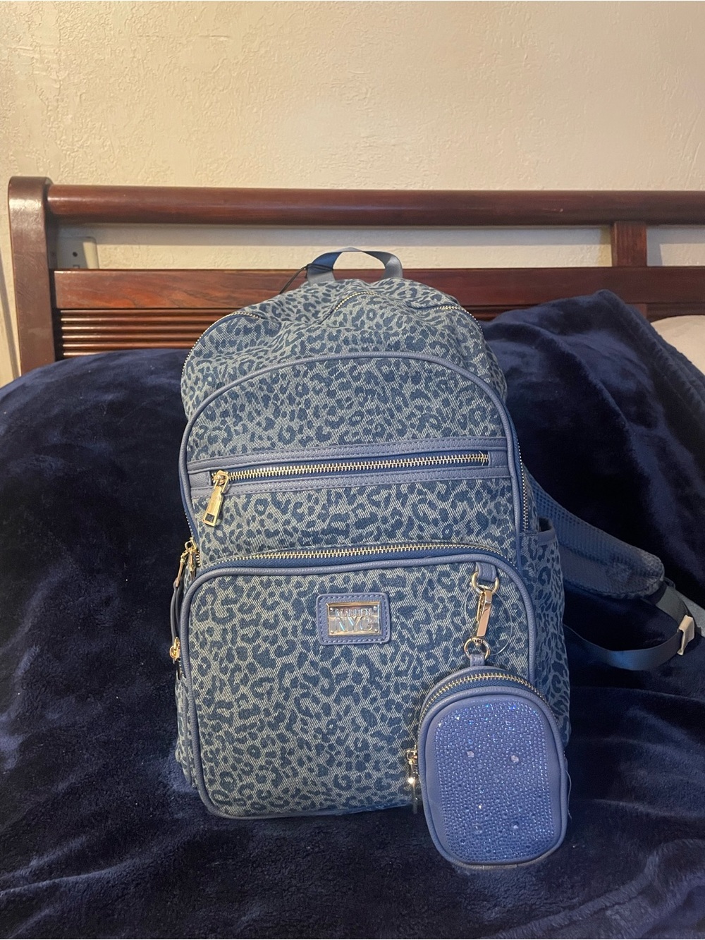 Madden NYC Blue Leopard Print Women's Backpack with Coin Pouch